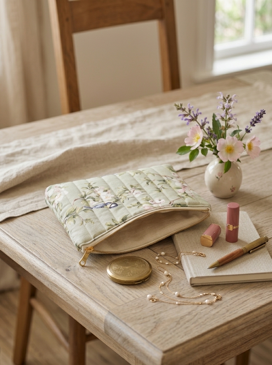 pochette posée sur la table avec ses petits accessoires