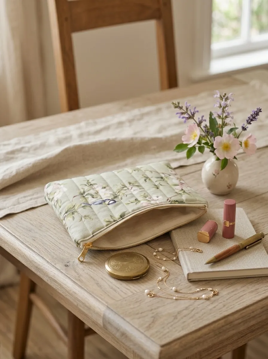 pochette posée sur la table avec ses petits accessoires